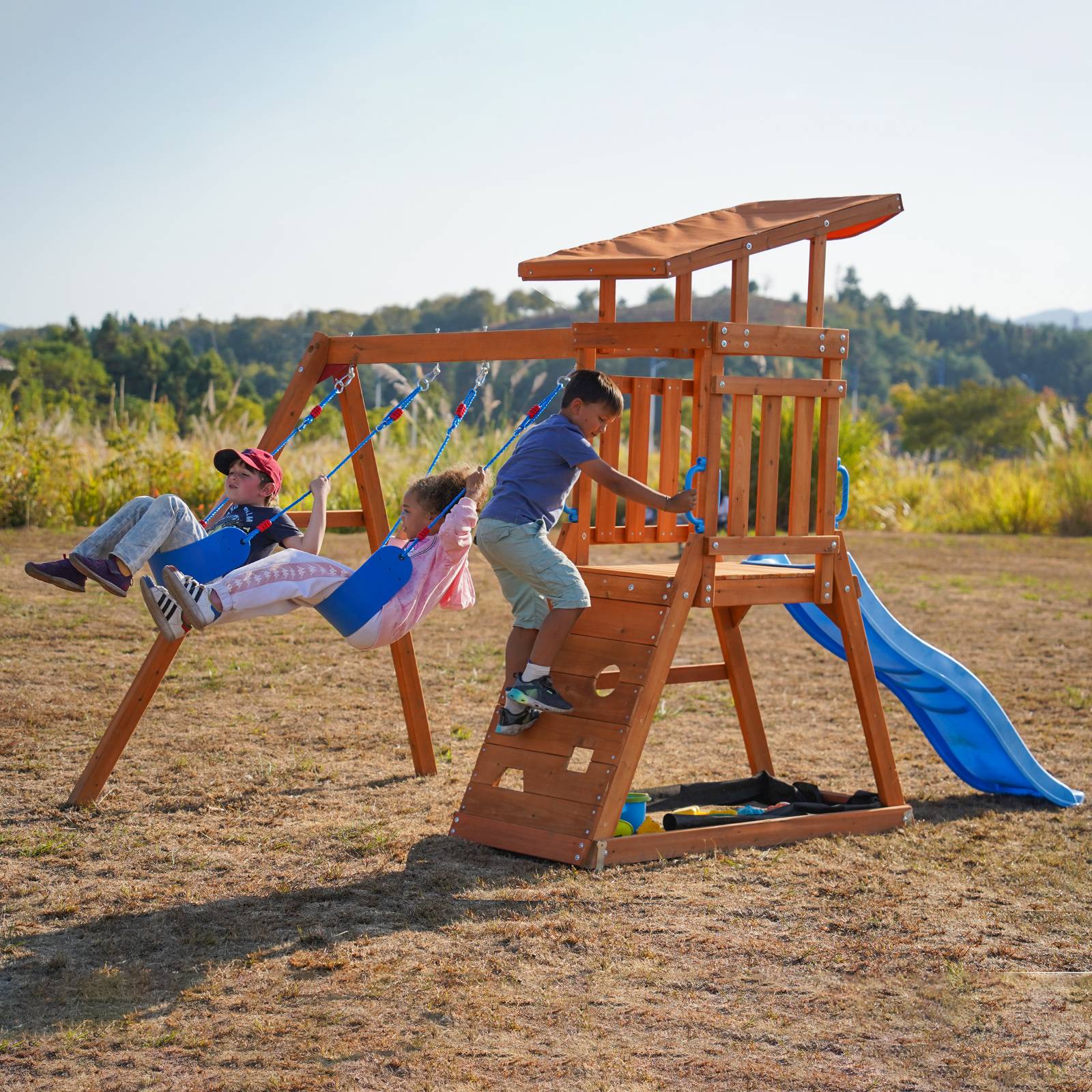 Dolphin Playground Wooden Swing Sets for Backyard, Outdoor Playset with Slide, Sand Box, Climbing Wall, and 2 Belt Swings, Playground Sets for Backyards, Young Kids Outdoor Play Equipment, Ages 3-9