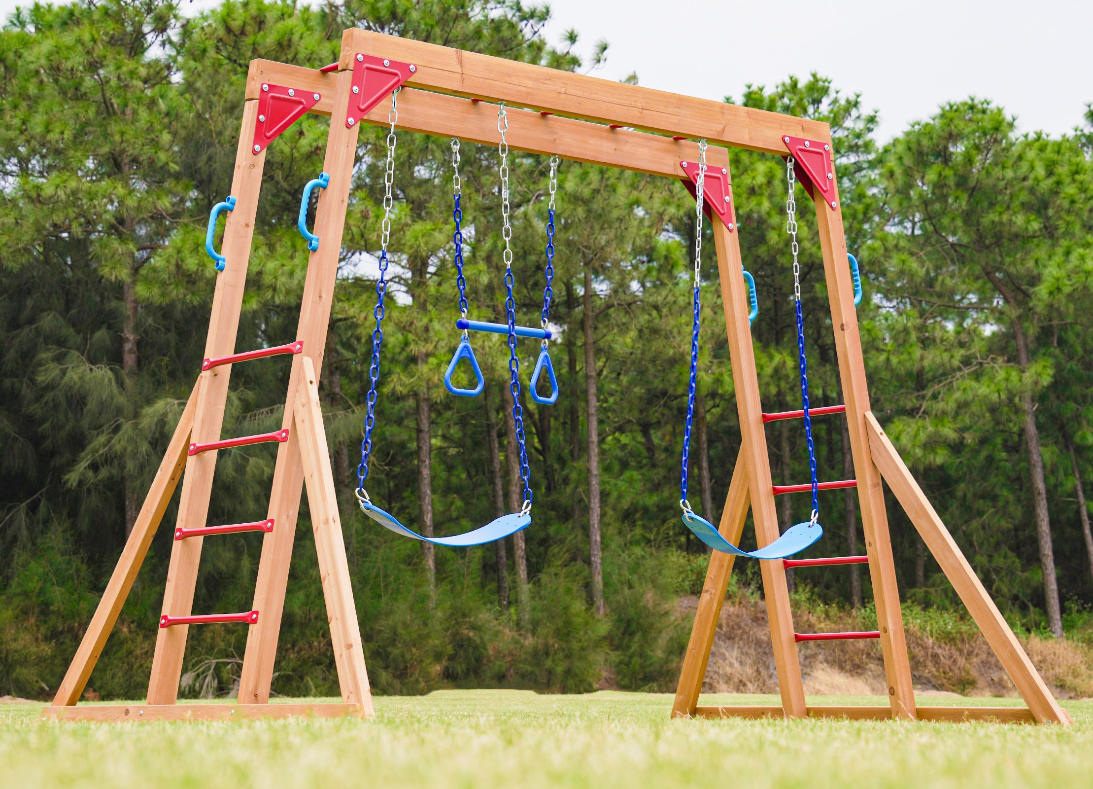 Dolphin Playground Wood Swing Sets for Backyard with Monkey Bar, Kids Outdoor Play Equipment, Outdoor Playset for Kids with Trapeze Swing Bar and 2 Belt Swings, Heavy Duty Playground Accessories - 0