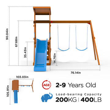 Dolphin Playground Wooden Swing Sets for Backyard, Outdoor Playset with Slide, Sand Box, Climbing Wall, and 2 Belt Swings, Playground Sets for Backyards, Young Kids Outdoor Play Equipment, Ages 3-9 - 0