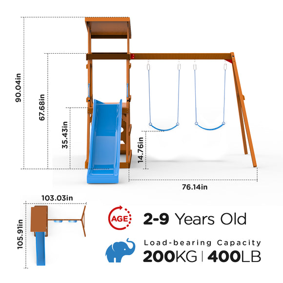 Dolphin Playground Wooden Swing Sets for Backyard, Outdoor Playset with Slide, Sand Box, Climbing Wall, and 2 Belt Swings, Playground Sets for Backyards, Young Kids Outdoor Play Equipment, Ages 3-9