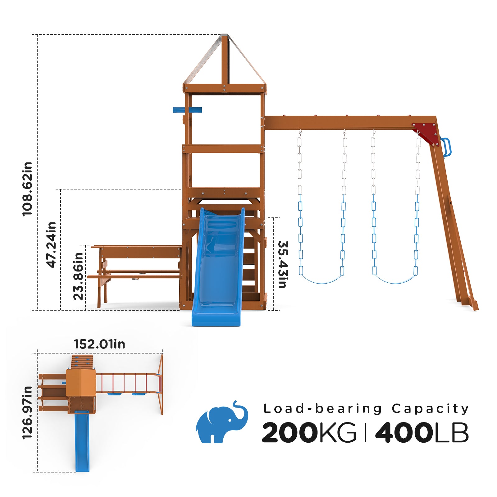 Dolphin Playground Wooden Swing Sets for Backyard with Monkey Bar, Outdoor Playset for Kids with 2 in 1 Outdoor Table, Wave Slide, Climbing Wall, and 2 Belt Swings, Heavy Duty Playground Accessories - 0