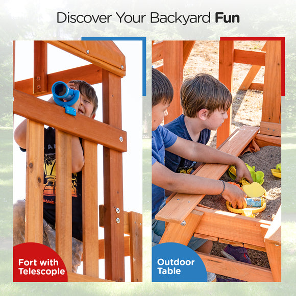 Dolphin Playground Wooden Swing Sets for Backyard with Monkey Bar, Outdoor Playset for Kids with 2 in 1 Outdoor Table, Wave Slide, Climbing Wall, and 2 Belt Swings, Heavy Duty Playground Accessories