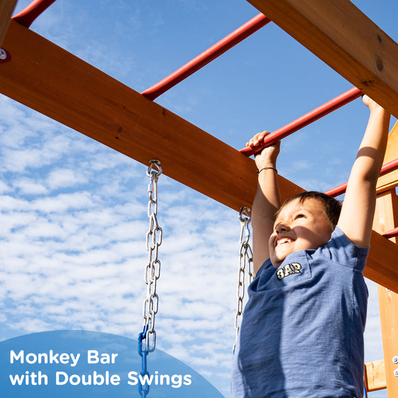 Dolphin Playground Wooden Swing Sets for Backyard with Monkey Bar, Outdoor Playset for Kids with 2 in 1 Outdoor Table, Wave Slide, Climbing Wall, and 2 Belt Swings, Heavy Duty Playground Accessories