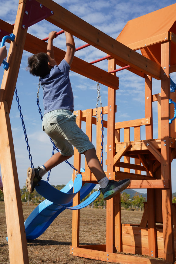 Dolphin Playground Wooden Swing Sets for Backyard with Monkey Bar, Outdoor Playset for Kids with 2 in 1 Outdoor Table, Wave Slide, Climbing Wall, and 2 Belt Swings, Heavy Duty Playground Accessories