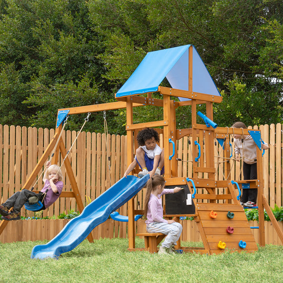 Dolphin Playground Backyard Adventure Swing Set for Kids - 6-in-1 Easy Assembly Outdoor Playset with Slide, 2 Swings, Monkey Bars | Great for Ages 3-8, Holds Multiple Kids, Perfect Family Gift