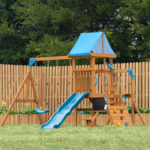 Dolphin Playground Backyard Adventure Swing Set for Kids - 6-in-1 Easy Assembly Outdoor Playset with Slide, 2 Swings, Monkey Bars | Great for Ages 3-8, Holds Multiple Kids, Perfect Family Gift