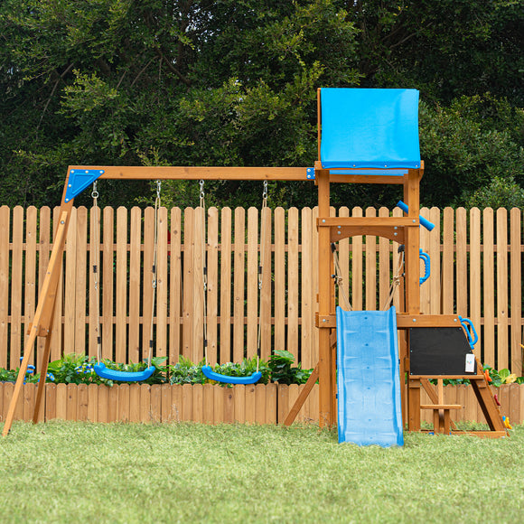 Dolphin Playground Backyard Adventure Swing Set for Kids - 6-in-1 Easy Assembly Outdoor Playset with Slide, 2 Swings, Monkey Bars | Great for Ages 3-8, Holds Multiple Kids, Perfect Family Gift