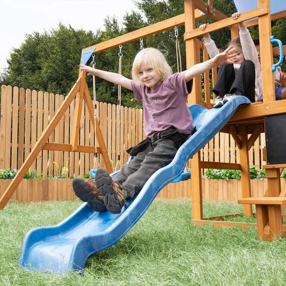 Dolphin Playground Backyard Adventure Swing Set for Kids - 6-in-1 Easy Assembly Outdoor Playset with Slide, 2 Swings, Monkey Bars | Great for Ages 3-8, Holds Multiple Kids, Perfect Family Gift