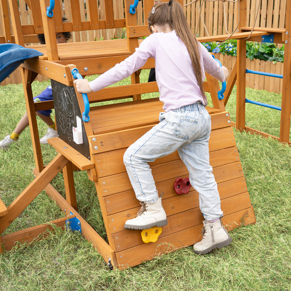 Dolphin Playground Backyard Adventure Swing Set for Kids - 6-in-1 Easy Assembly Outdoor Playset with Slide, 2 Swings, Monkey Bars | Great for Ages 3-8, Holds Multiple Kids, Perfect Family Gift