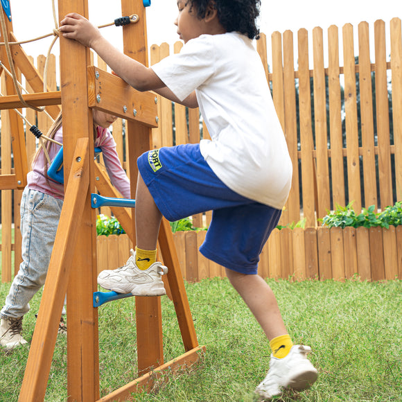 Dolphin Playground Backyard Adventure Swing Set for Kids - 6-in-1 Easy Assembly Outdoor Playset with Slide, 2 Swings, Monkey Bars | Great for Ages 3-8, Holds Multiple Kids, Perfect Family Gift