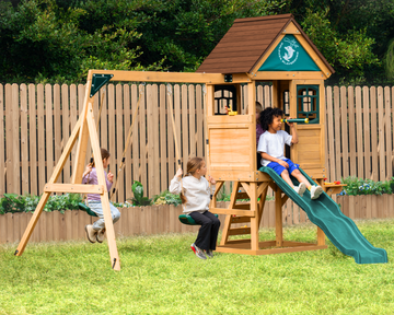 Dolphin Playground Wooden Swing Set for Backyard, Cedar Outdoor Playset with Playhouse, 6FT Wave Slide, Climbing Wall, 2 Swings & Activity Center for Kids Ages 3-10