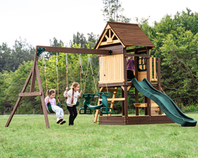 Dolphin Playground Cedar Wooden Swing Set for Backyard, Kids Outdoor Playset with Sandbox, Wave Slide, Climbing Wall, Glider & 2 Belt Swings, Outdoor Table, Ages 3-10, Max Weight 440 LBS - 0