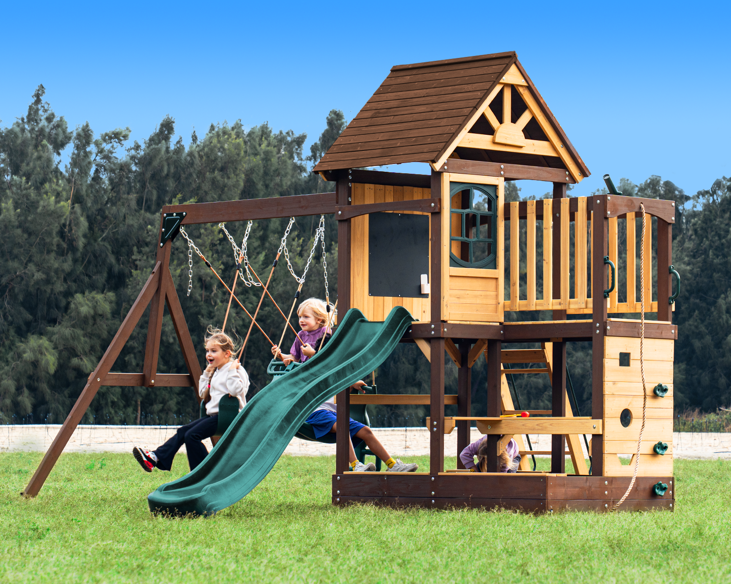 Dolphin Playground Cedar Wooden Swing Set for Backyard, Kids Outdoor P