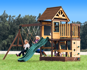 Dolphin Playground Cedar Wooden Swing Set for Backyard, Kids Outdoor Playset with Sandbox, Wave Slide, Climbing Wall, Glider & 2 Belt Swings, Outdoor Table, Ages 3-10, Max Weight 440 LBS