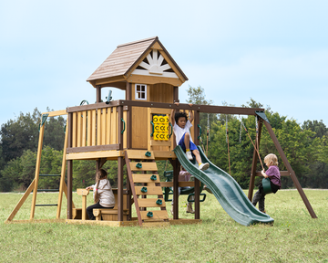 Dolphin Playground Wooden Swing Set with Castle Playhouse & Balcony – Cedar Backyard Playset for Kids Ages 3-10, 6FT Wave Slide, Climbing Wall, Monkey Bars, Glider Swing, Sandbox & Outdoor Table