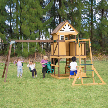 Dolphin Playground Wooden Swing Set with Castle Playhouse & Balcony – Cedar Backyard Playset for Kids Ages 3-10, 6FT Wave Slide, Climbing Wall, Monkey Bars, Glider Swing, Sandbox & Outdoor Table - 0