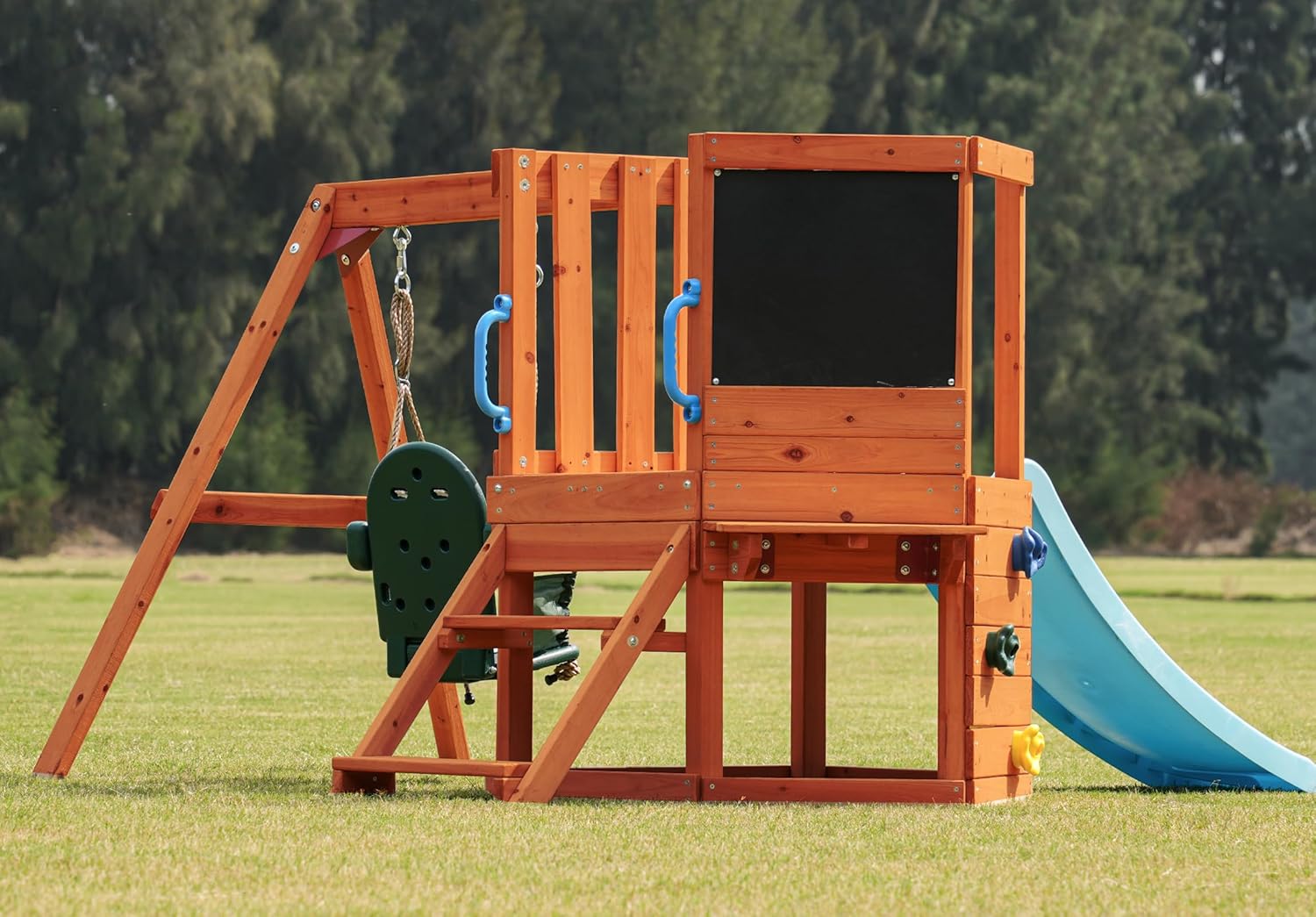 Dolphin Playground 5 in 1 Multifunction Toddler Swing Sets for Backyard, Outdoor Playset with Baby Swing, Outdoor Table, Blackboard, Slide, and Rock Climbing Wall,Toddler Swing Sets Ages 18mo to 4yrs - 0