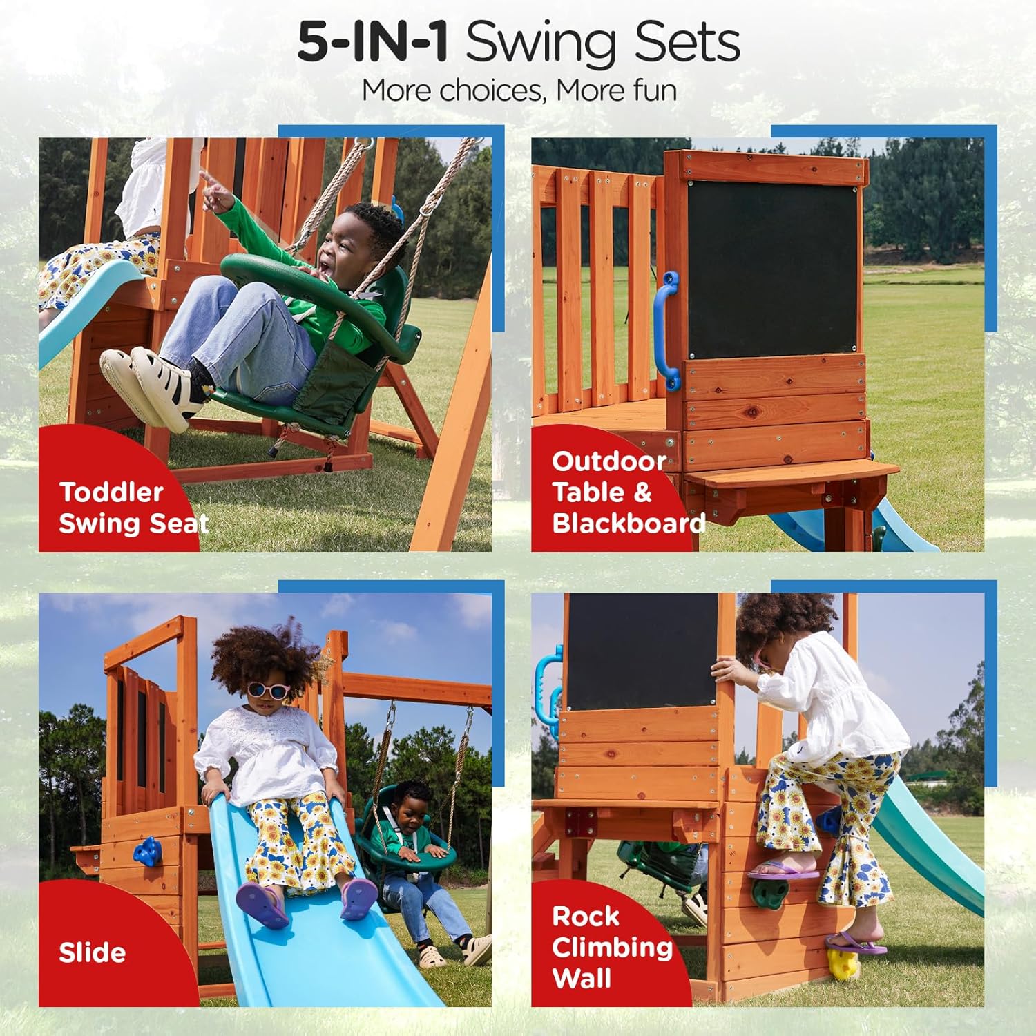 Dolphin Playground 5 in 1 Multifunction Toddler Swing Sets for Backyard, Outdoor Playset with Baby Swing, Outdoor Table, Blackboard, Slide, and Rock Climbing Wall,Toddler Swing Sets Ages 18mo to 4yrs