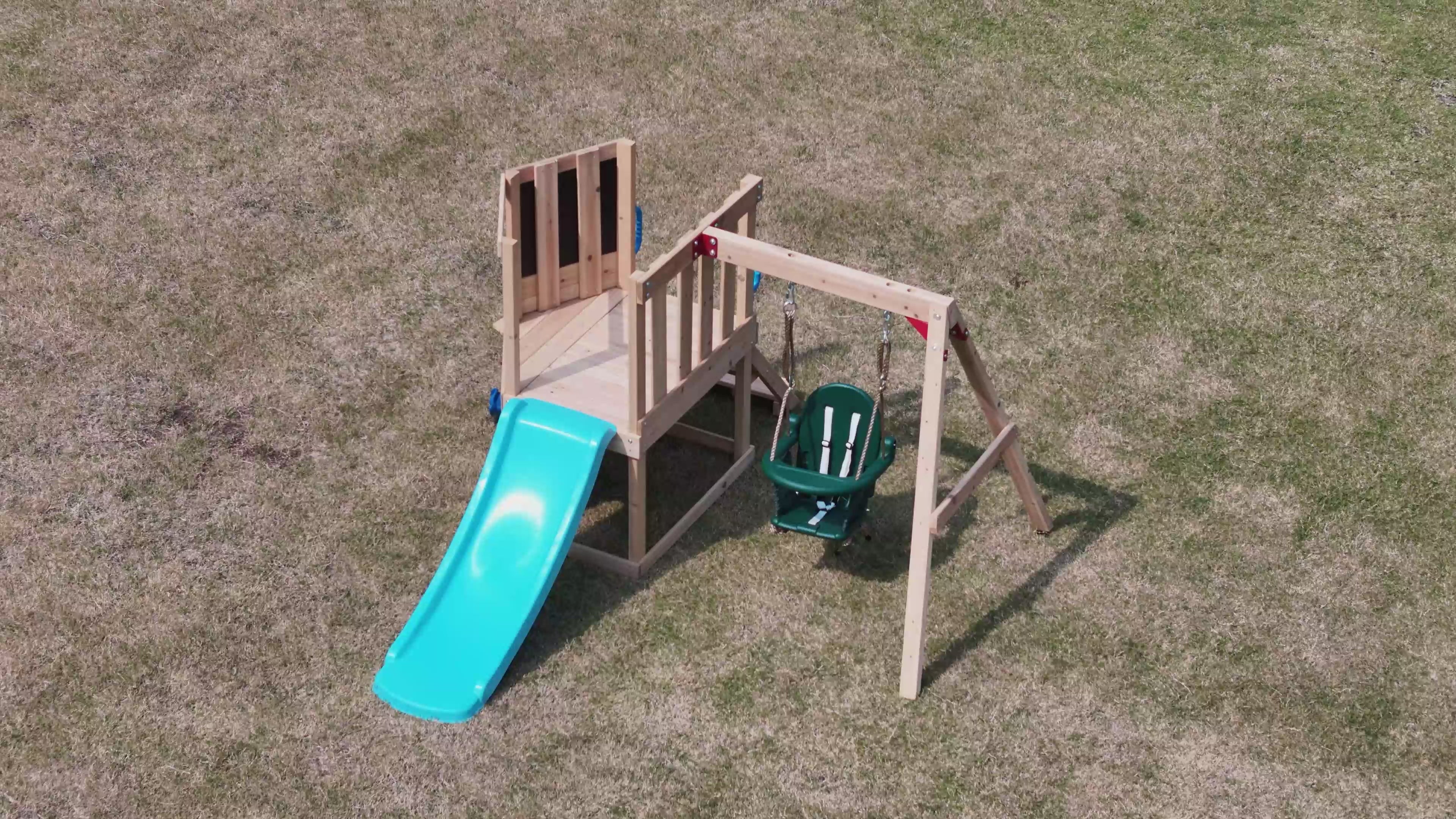 Dolphin Playground 5 in 1 Multifunction Toddler Swing Sets for Backyard, Outdoor Playset with Baby Swing, Outdoor Table, Blackboard, Slide, and Rock Climbing Wall,Toddler Swing Sets Ages 18mo to 4yrs-10